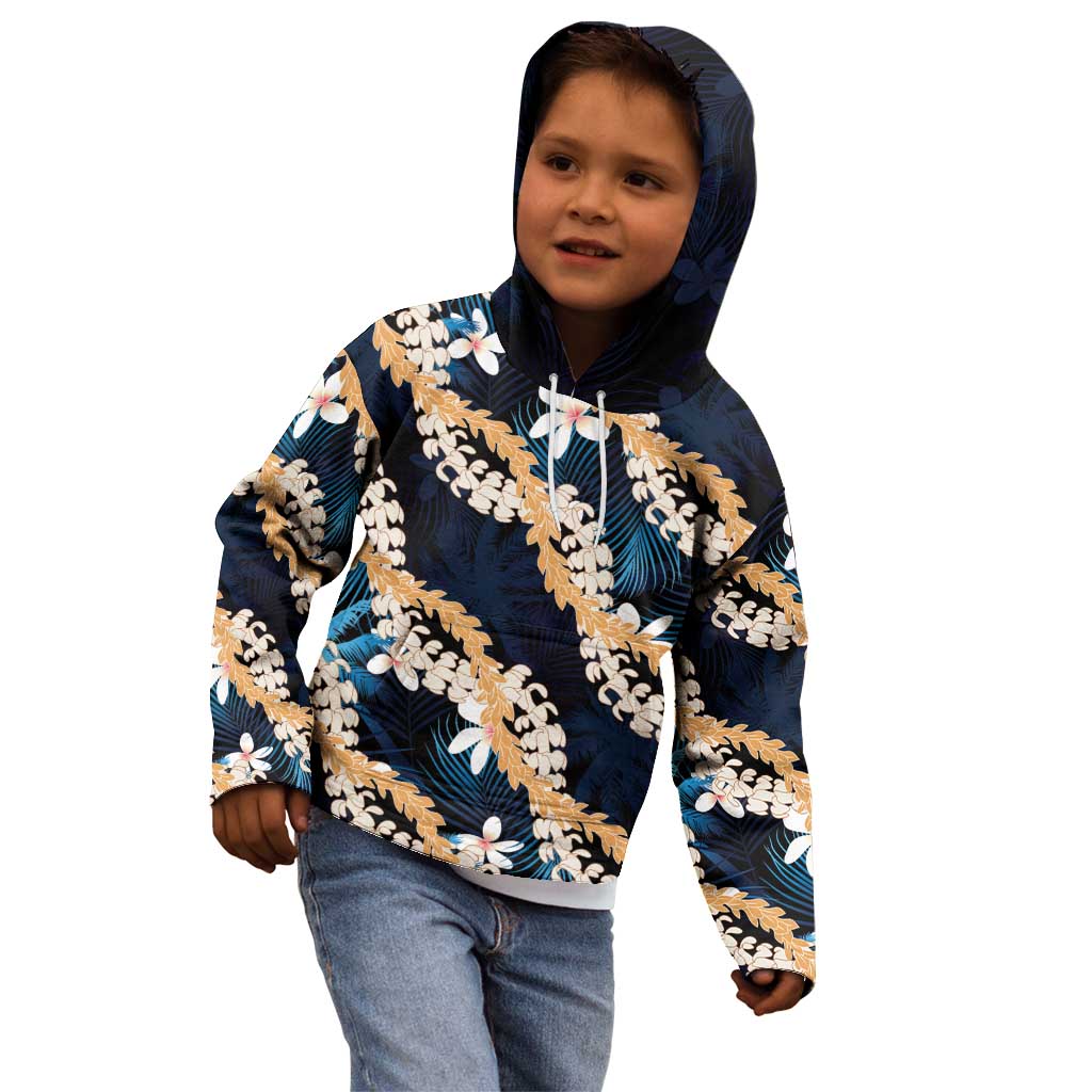 Puakenikeni Maile Lei Kid Hoodie Frangipani Blue Tropical Leaves