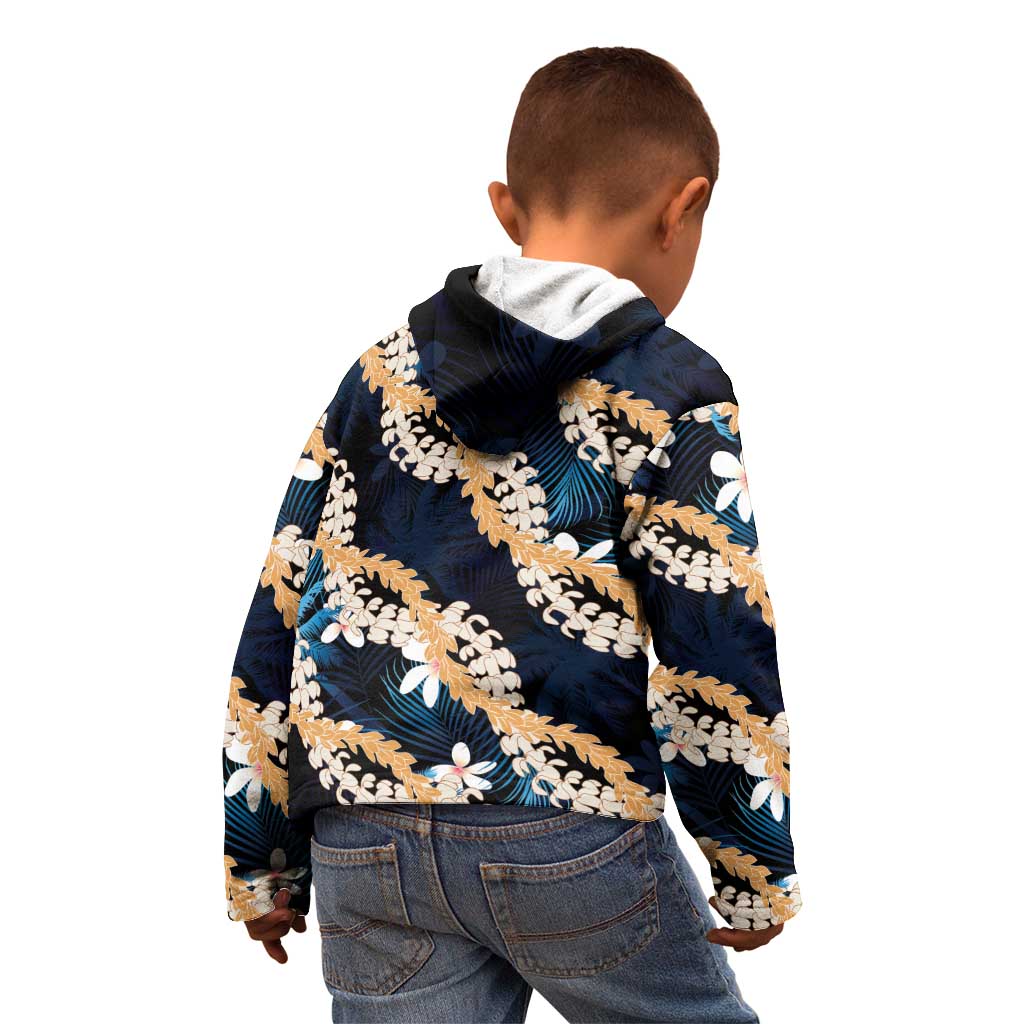 Puakenikeni Maile Lei Kid Hoodie Frangipani Blue Tropical Leaves