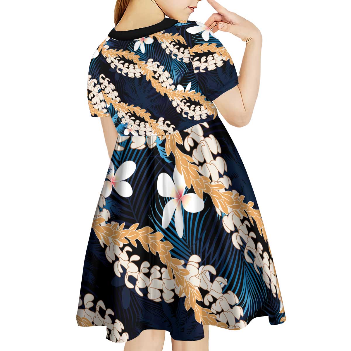 Puakenikeni Maile Lei Kid Short Sleeve Dress Frangipani Blue Tropical Leaves
