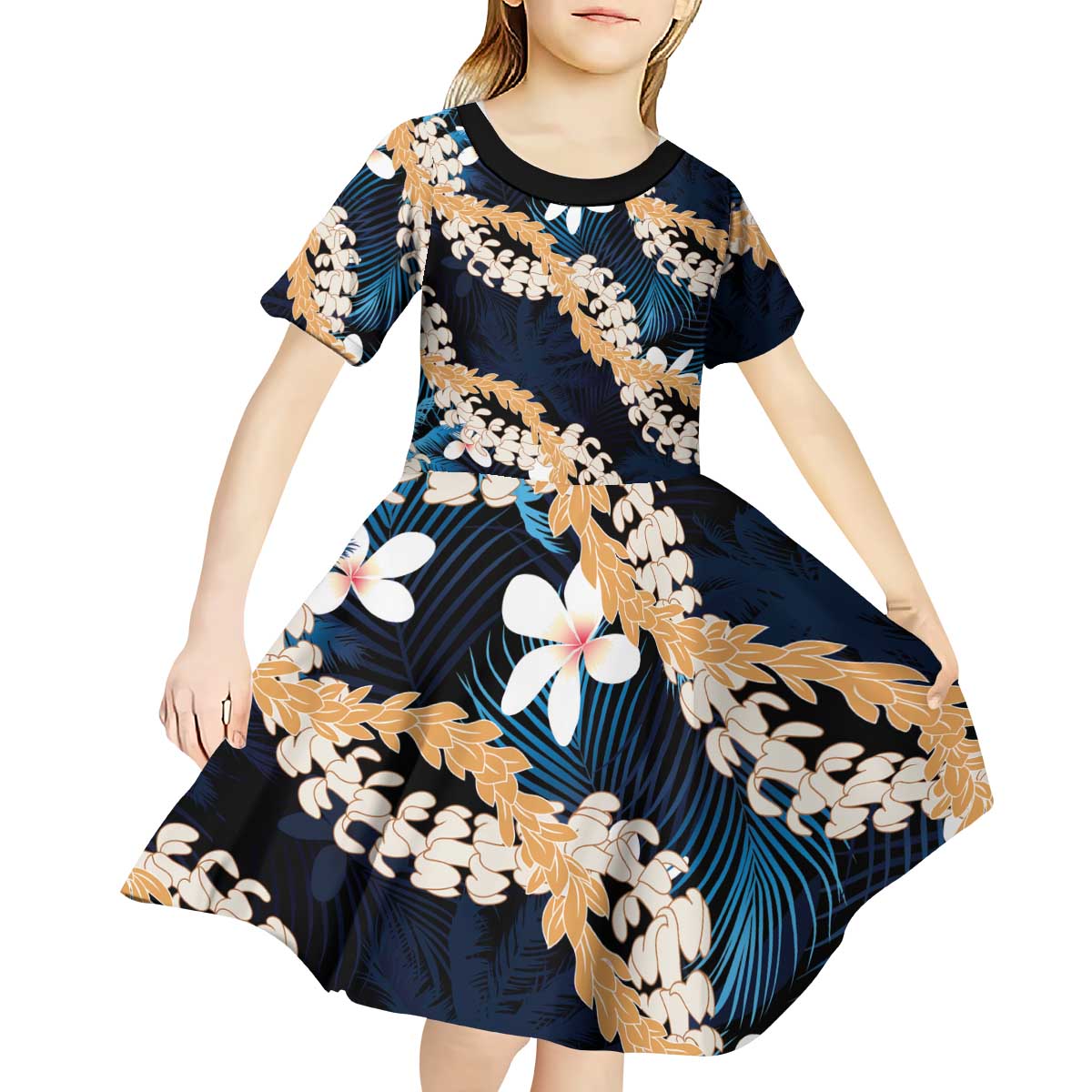 Puakenikeni Maile Lei Kid Short Sleeve Dress Frangipani Blue Tropical Leaves