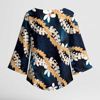 Puakenikeni Maile Lei Kimono Sleeve Blouse Frangipani Blue Tropical Leaves