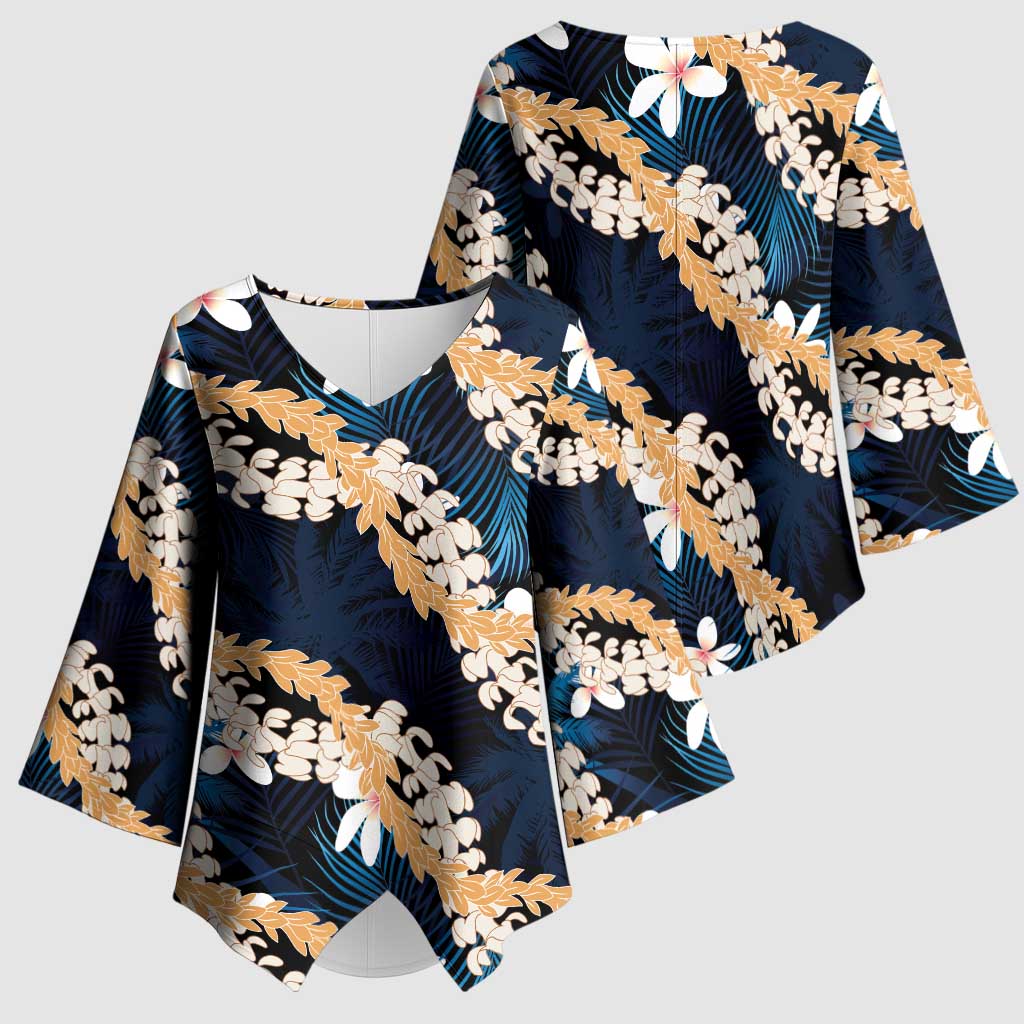 Puakenikeni Maile Lei Kimono Sleeve Blouse Frangipani Blue Tropical Leaves