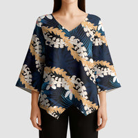 Puakenikeni Maile Lei Kimono Sleeve Blouse Frangipani Blue Tropical Leaves