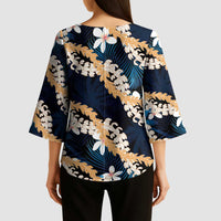 Puakenikeni Maile Lei Kimono Sleeve Blouse Frangipani Blue Tropical Leaves