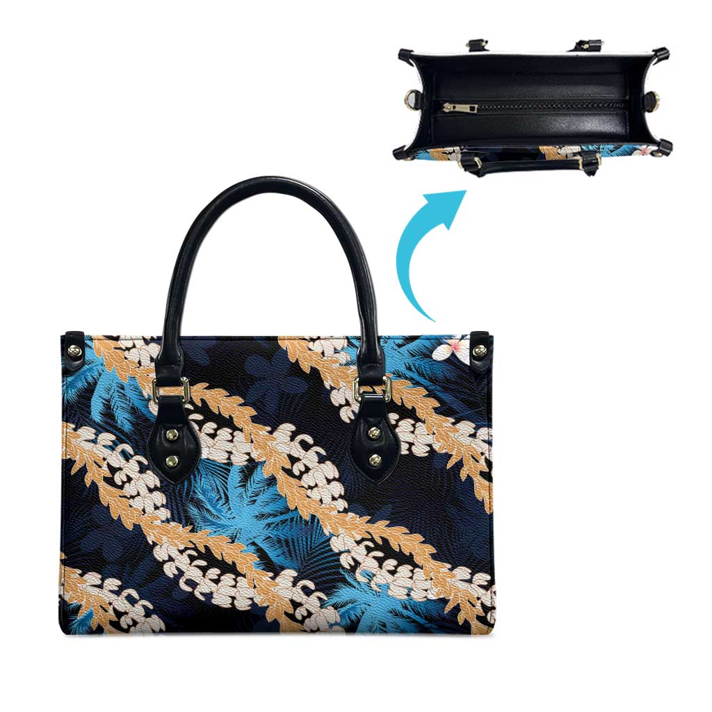 Puakenikeni Maile Lei Leather Bag Frangipani Blue Tropical Leaves