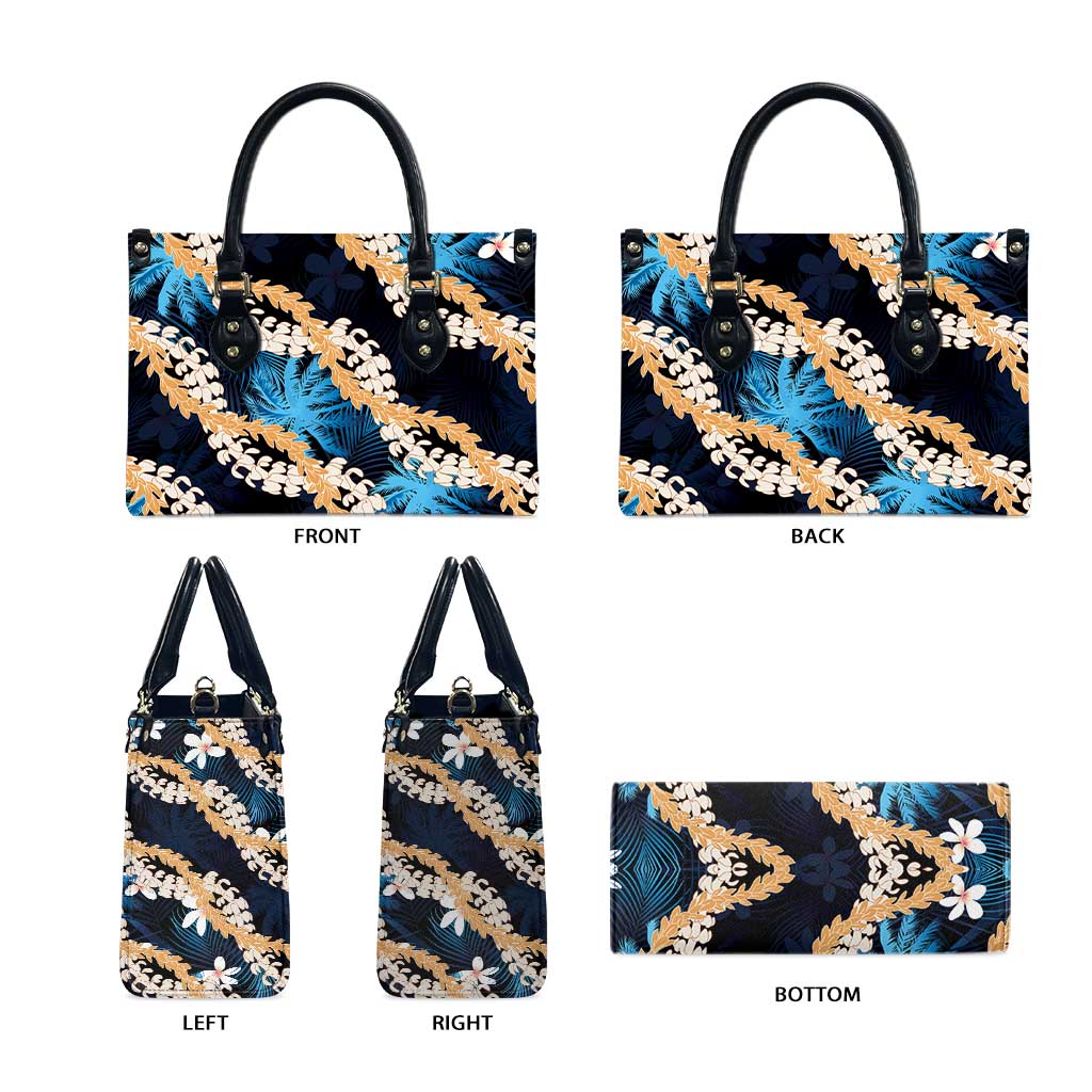 Puakenikeni Maile Lei Leather Bag Frangipani Blue Tropical Leaves