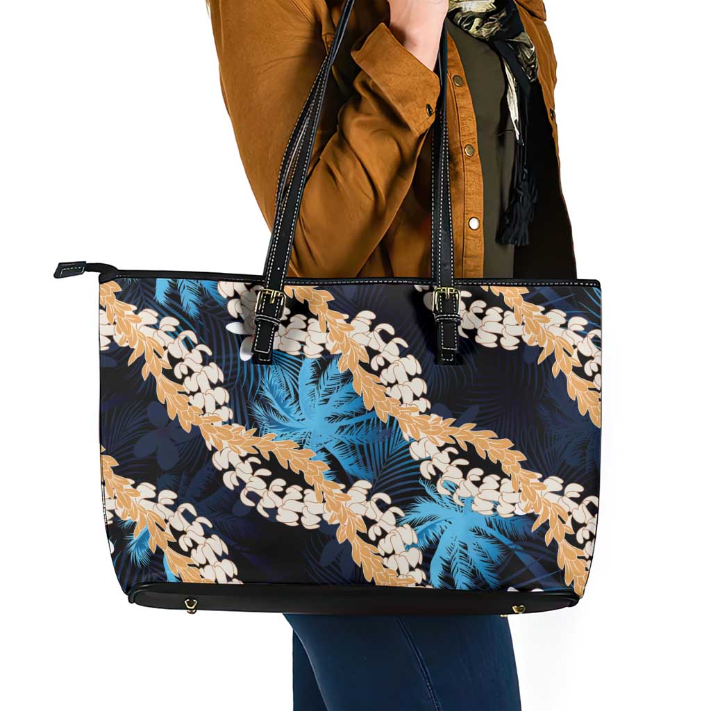Puakenikeni Maile Lei Leather Tote Bag Frangipani Blue Tropical Leaves