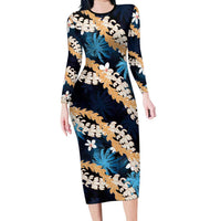 Puakenikeni Maile Lei Long Sleeve Bodycon Dress Frangipani Blue Tropical Leaves