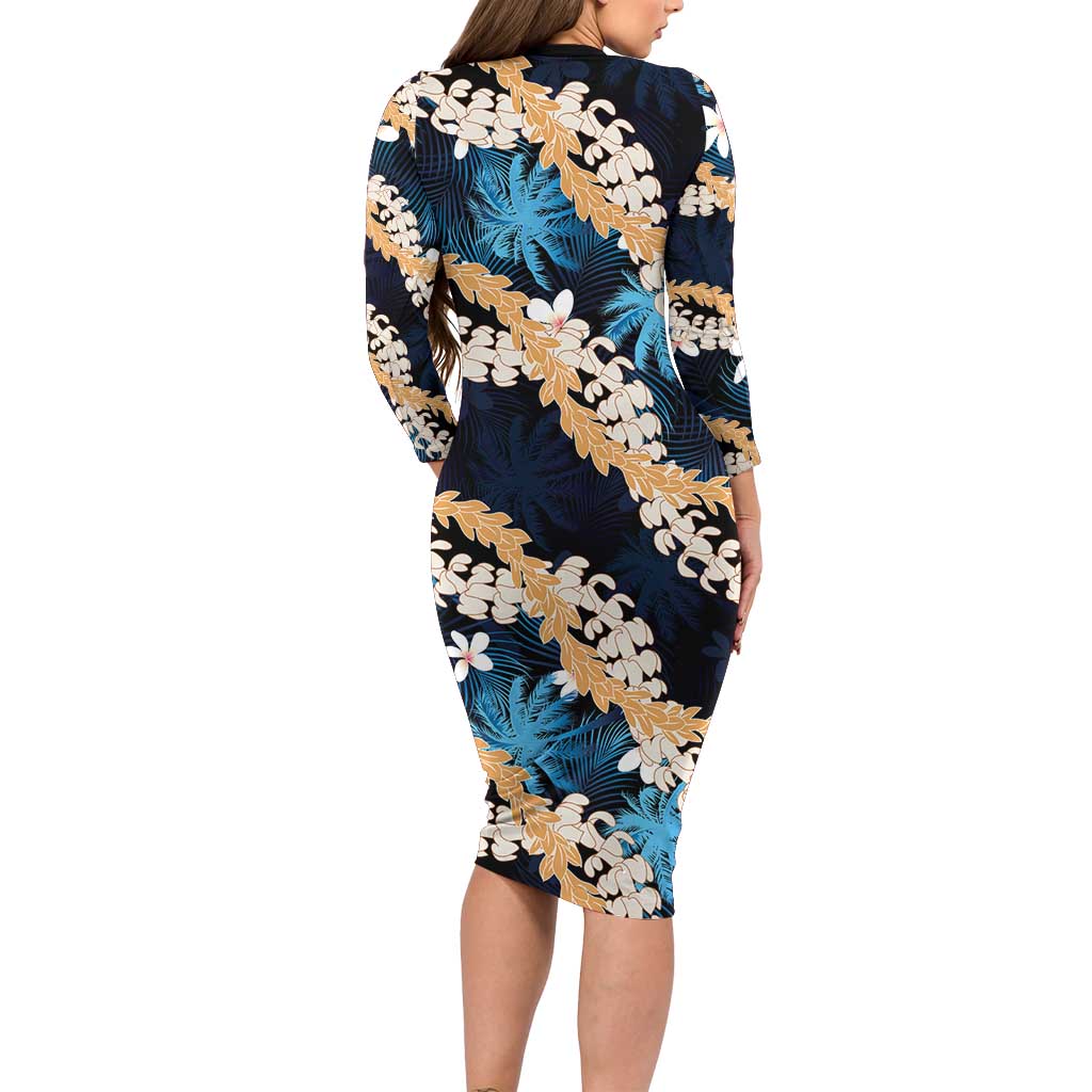 Puakenikeni Maile Lei Long Sleeve Bodycon Dress Frangipani Blue Tropical Leaves