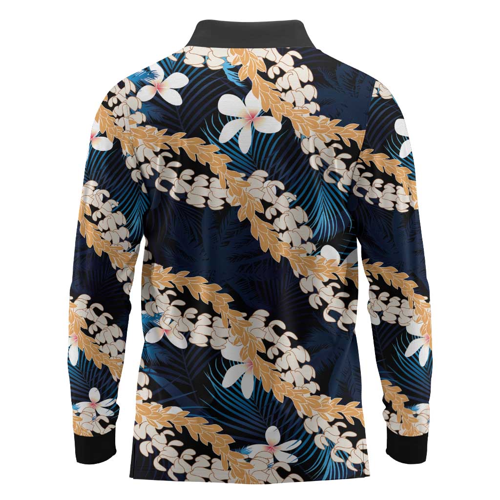 Puakenikeni Maile Lei Long Sleeve Polo Shirt Frangipani Blue Tropical Leaves