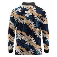 Puakenikeni Maile Lei Long Sleeve Polo Shirt Frangipani Blue Tropical Leaves