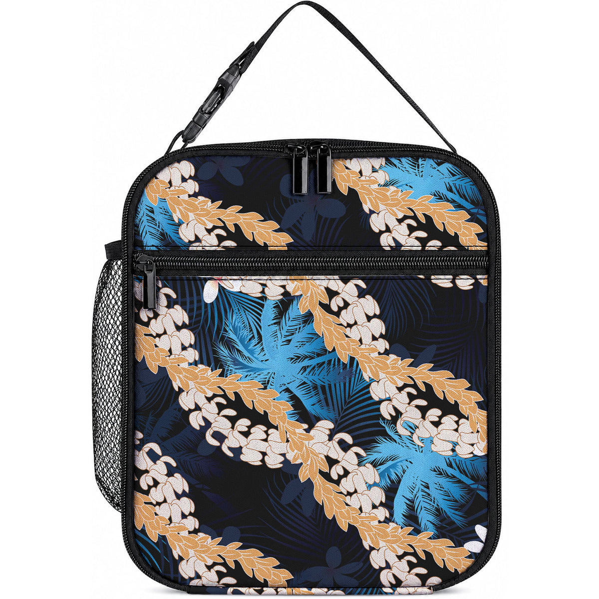 Puakenikeni Maile Lei Lunch Bag Frangipani Blue Tropical Leaves LT01 10.2 × 8.3 × 4.3 inch Blue - Polynesian Pride