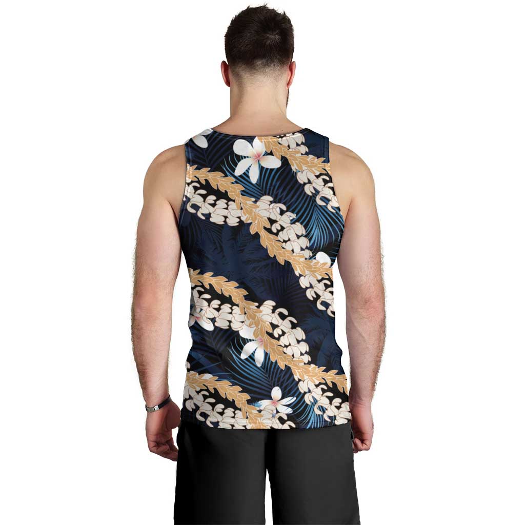 Puakenikeni Maile Lei Men Tank Top Frangipani Blue Tropical Leaves