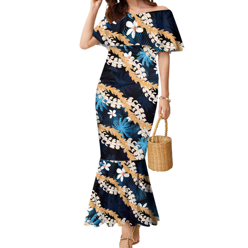 Puakenikeni Maile Lei Mermaid Dress Frangipani Blue Tropical Leaves