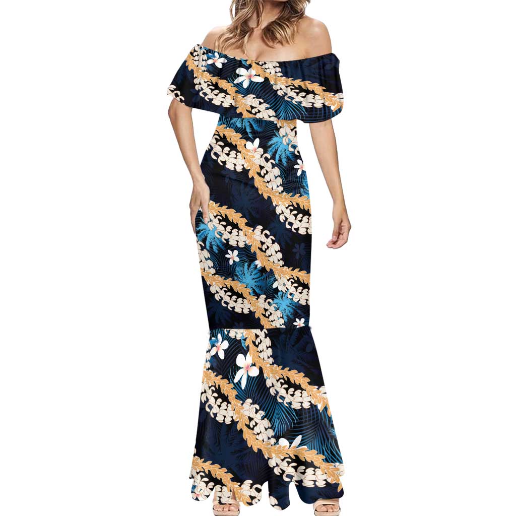Puakenikeni Maile Lei Mermaid Dress Frangipani Blue Tropical Leaves