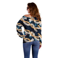 Puakenikeni Maile Lei Off Shoulder Sweater Frangipani Blue Tropical Leaves