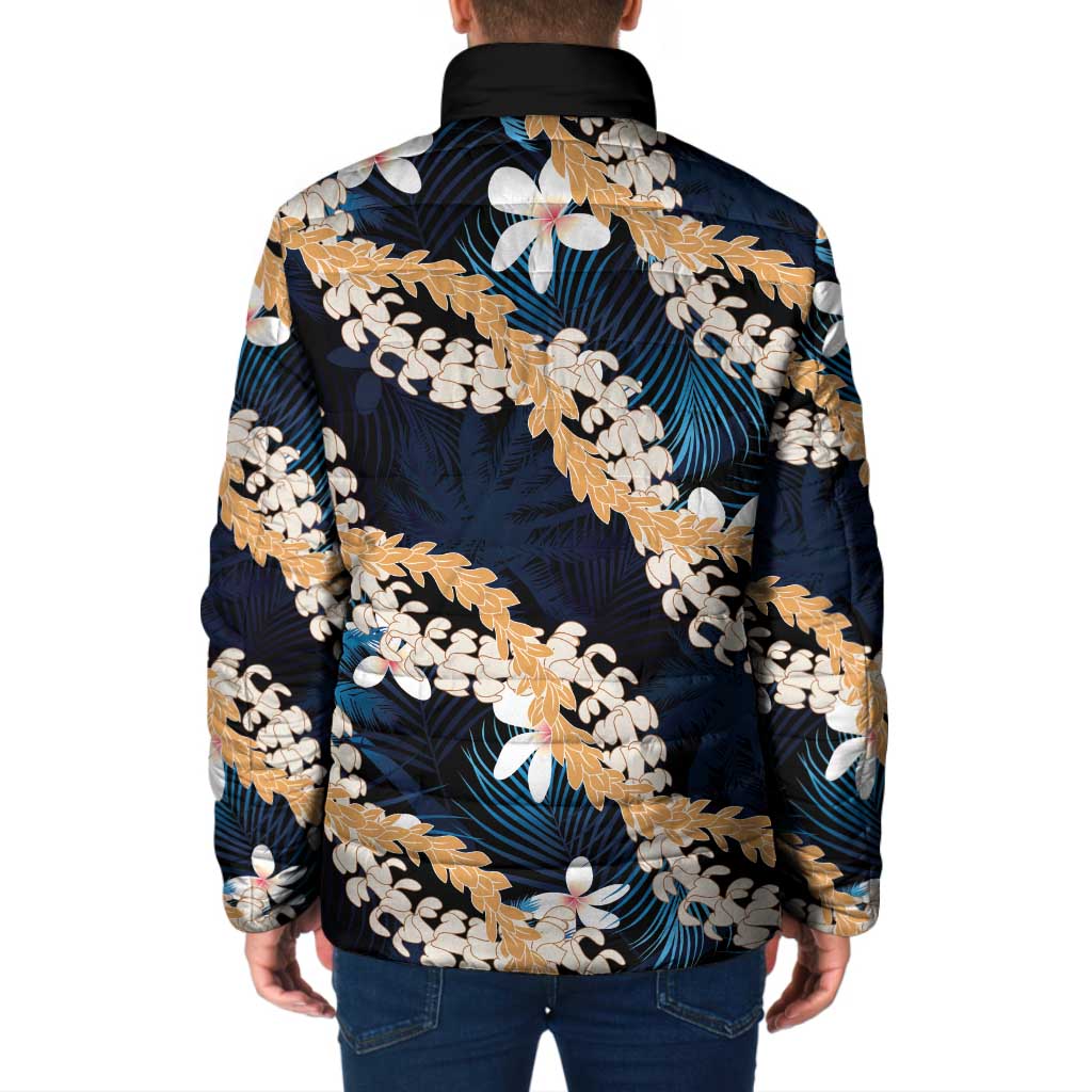 Puakenikeni Maile Lei Padded Jacket Frangipani Blue Tropical Leaves