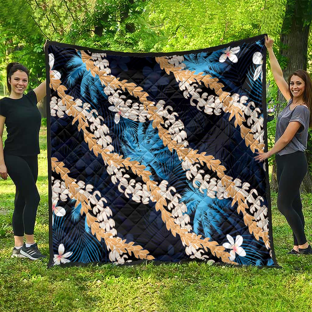 Puakenikeni Maile Lei Quilt Frangipani Blue Tropical Leaves