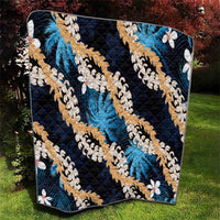 Puakenikeni Maile Lei Quilt Frangipani Blue Tropical Leaves
