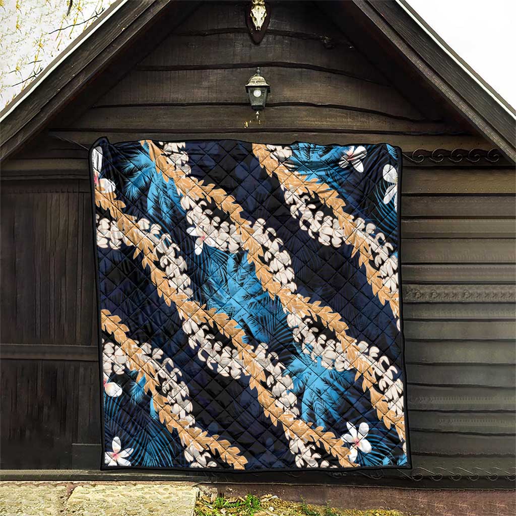 Puakenikeni Maile Lei Quilt Frangipani Blue Tropical Leaves