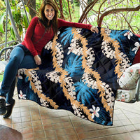 Puakenikeni Maile Lei Quilt Frangipani Blue Tropical Leaves