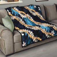 Puakenikeni Maile Lei Quilt Frangipani Blue Tropical Leaves