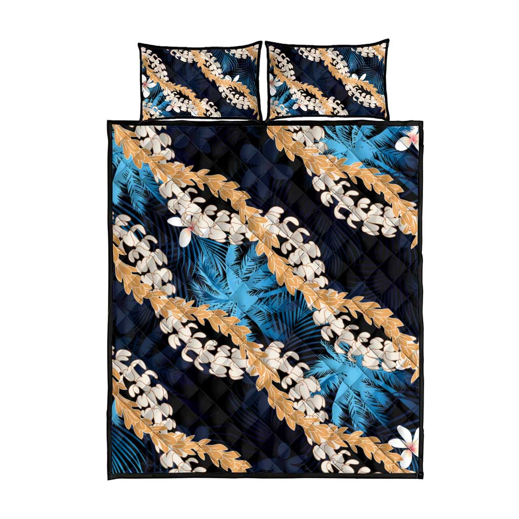 Puakenikeni Maile Lei Quilt Bed Set Frangipani Blue Tropical Leaves