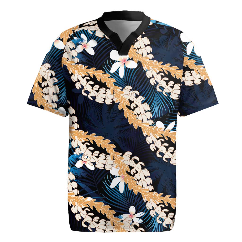 Puakenikeni Maile Lei Rugby Jersey Frangipani Blue Tropical Leaves