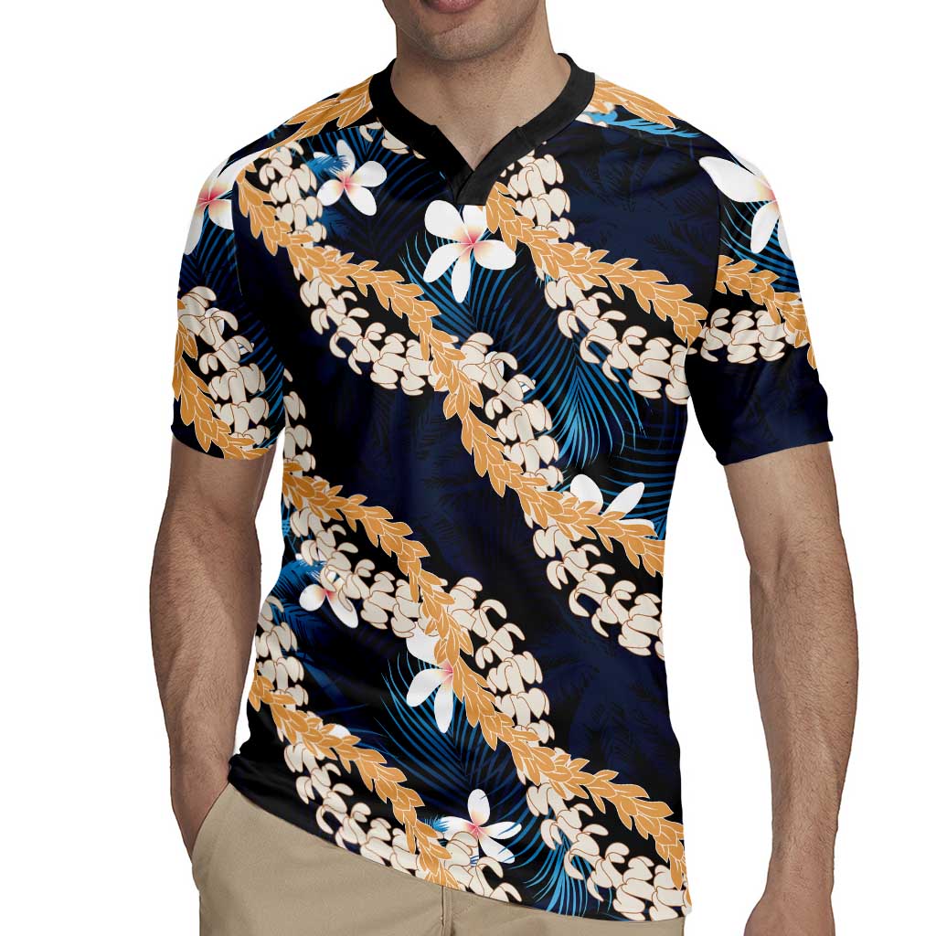 Puakenikeni Maile Lei Rugby Jersey Frangipani Blue Tropical Leaves