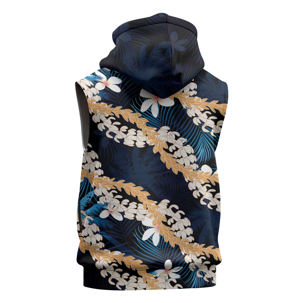 Puakenikeni Maile Lei Sleeveless Hoodie Frangipani Blue Tropical Leaves