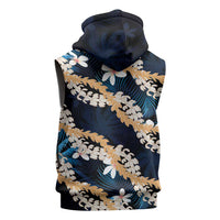 Puakenikeni Maile Lei Sleeveless Hoodie Frangipani Blue Tropical Leaves