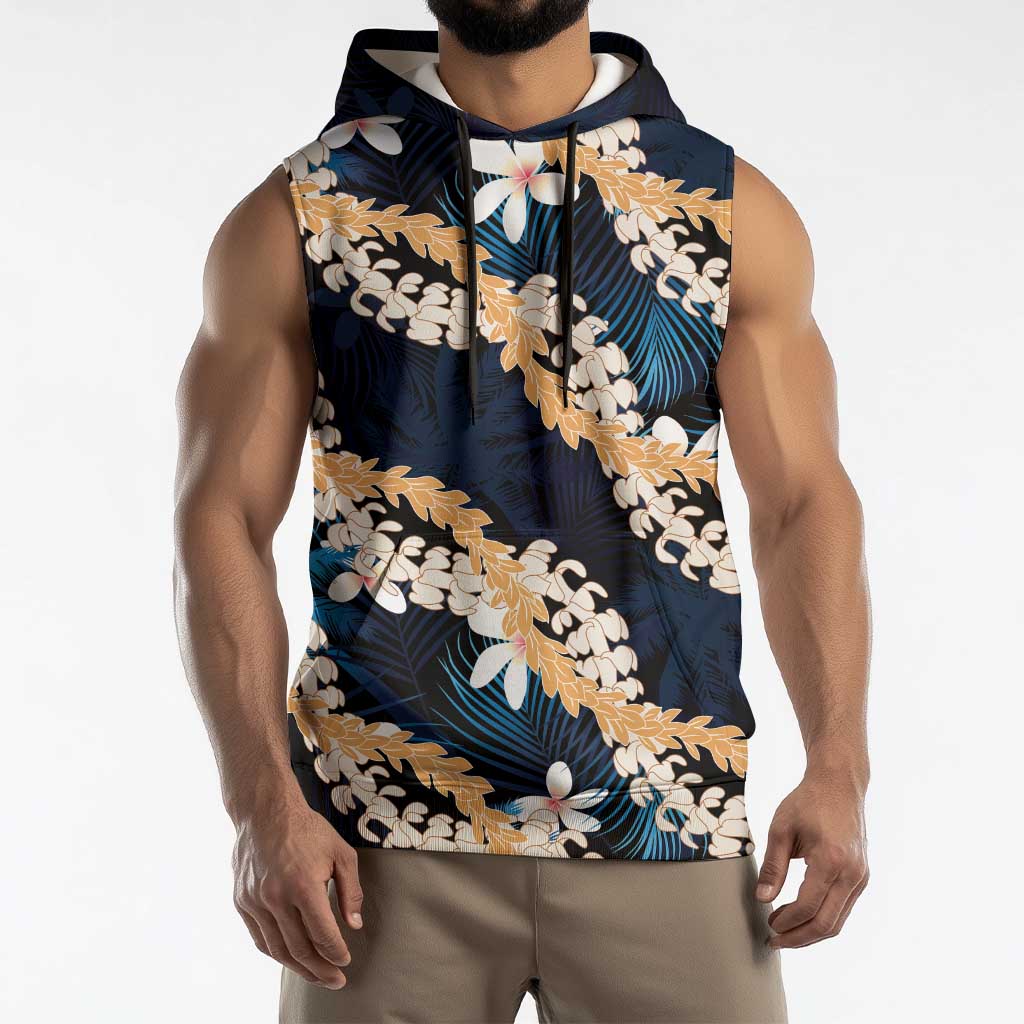 Puakenikeni Maile Lei Sleeveless Hoodie Frangipani Blue Tropical Leaves