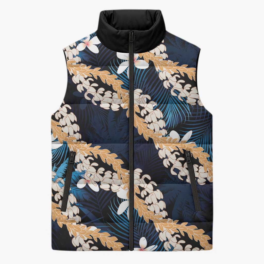 Puakenikeni Maile Lei Sleeveless Puffer Jacket Frangipani Blue Tropical Leaves