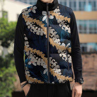 Puakenikeni Maile Lei Sleeveless Puffer Jacket Frangipani Blue Tropical Leaves