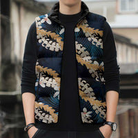 Puakenikeni Maile Lei Sleeveless Puffer Jacket Frangipani Blue Tropical Leaves