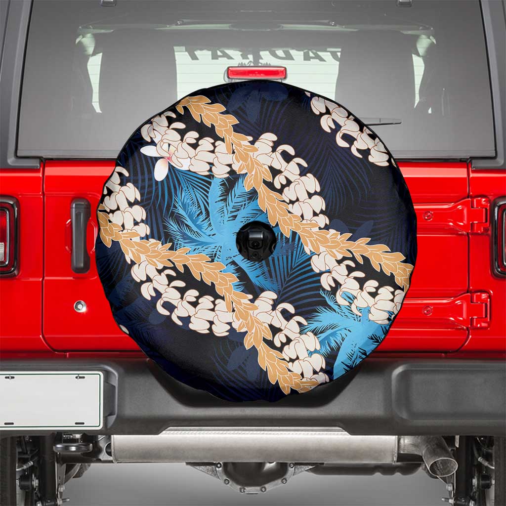 Puakenikeni Maile Lei Spare Tire Cover Frangipani Blue Tropical Leaves