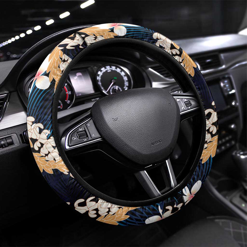 Puakenikeni Maile Lei Steering Wheel Cover Frangipani Blue Tropical Leaves
