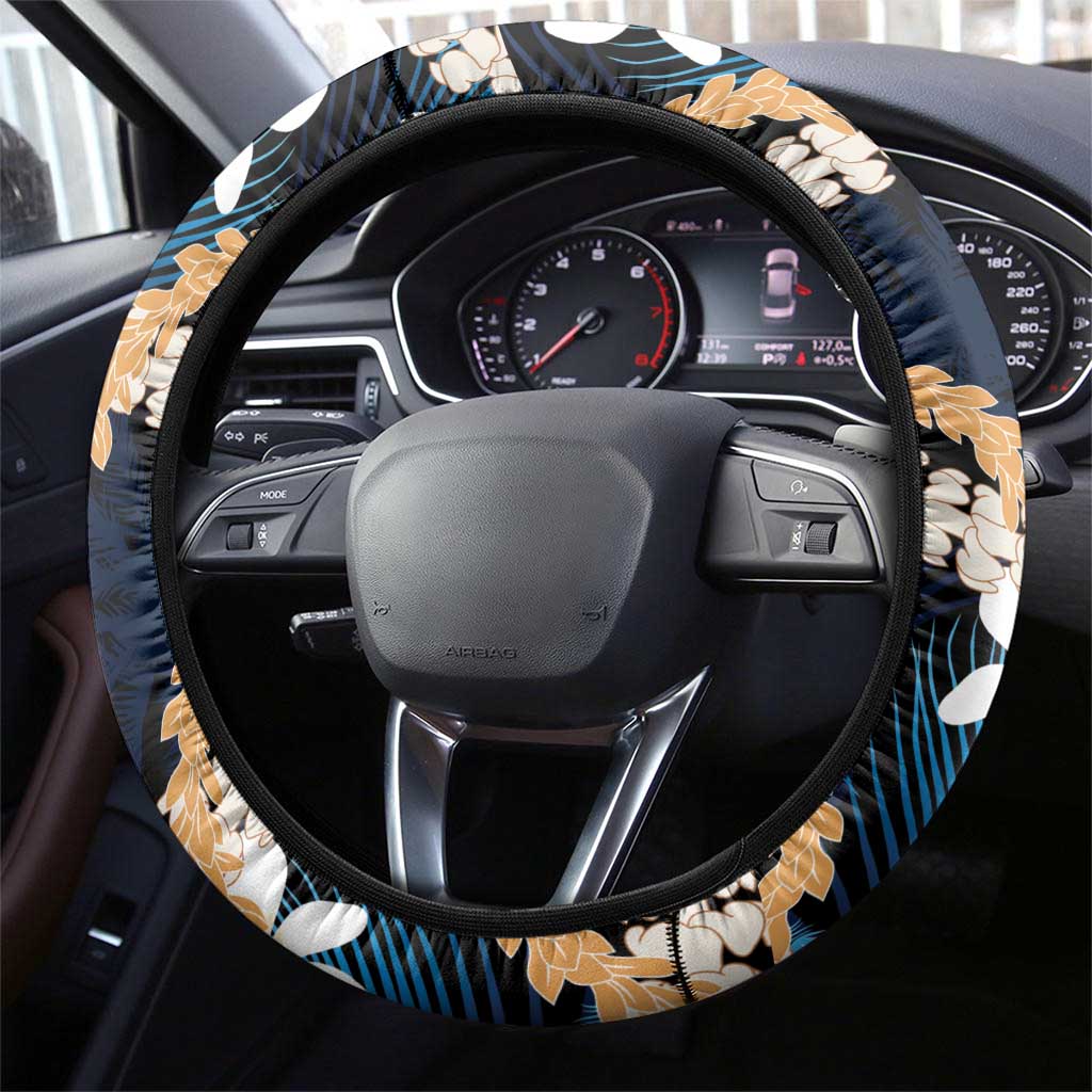 Puakenikeni Maile Lei Steering Wheel Cover Frangipani Blue Tropical Leaves