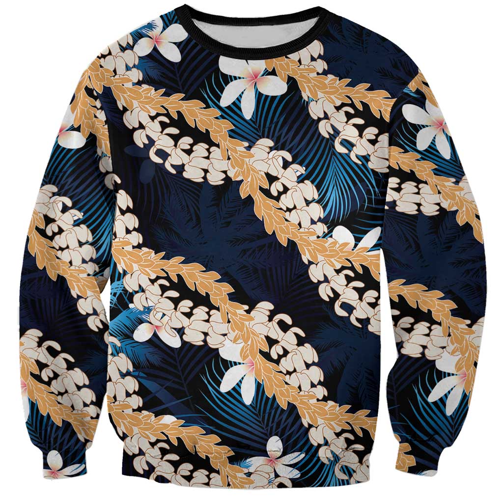 Puakenikeni Maile Lei Sweatshirt Frangipani Blue Tropical Leaves