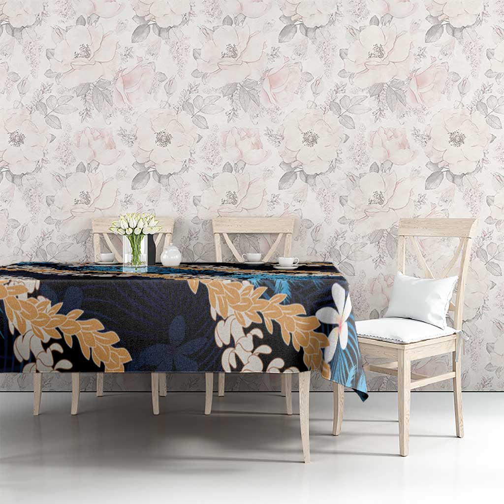 Puakenikeni Maile Lei Tablecloth Frangipani Blue Tropical Leaves