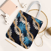 Puakenikeni Maile Lei Tote Bag Frangipani Blue Tropical Leaves