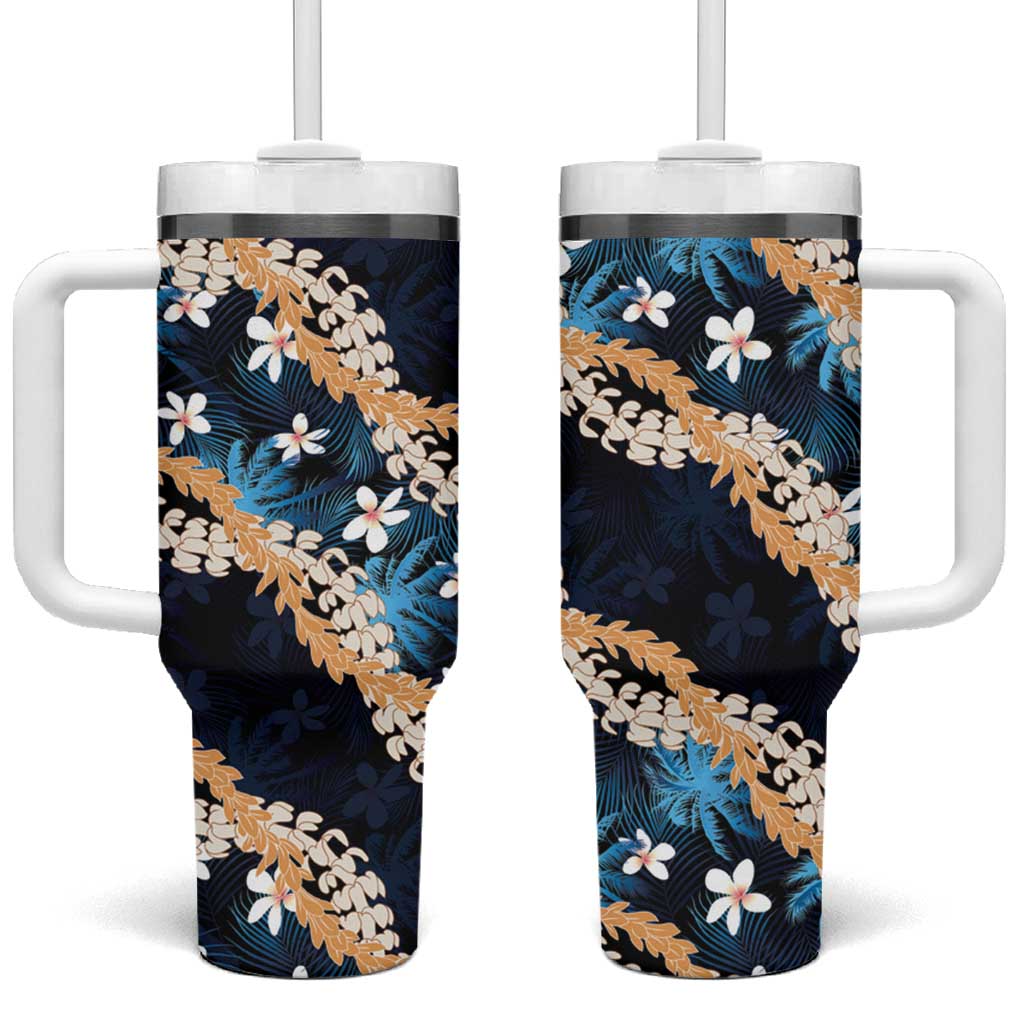 Puakenikeni Maile Lei Tumbler With Handle Frangipani Blue Tropical Leaves