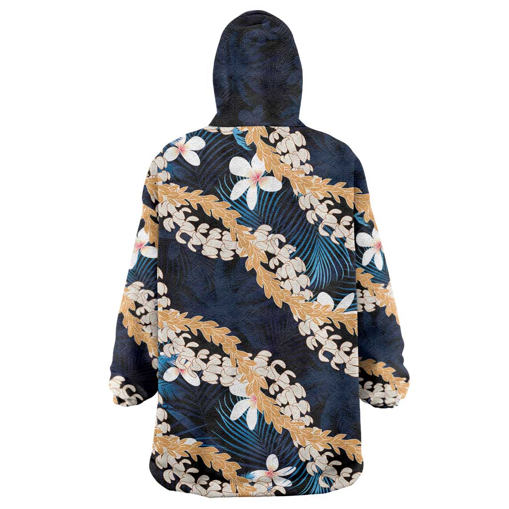 Puakenikeni Maile Lei Wearable Blanket Hoodie Frangipani Blue Tropical Leaves