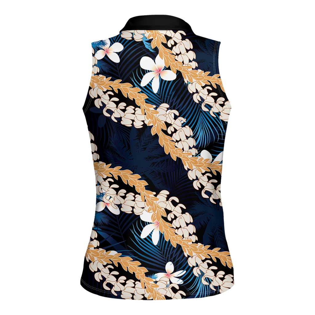 Puakenikeni Maile Lei Women Sleeveless Polo Shirt Frangipani Blue Tropical Leaves LT01 - Polynesian Pride