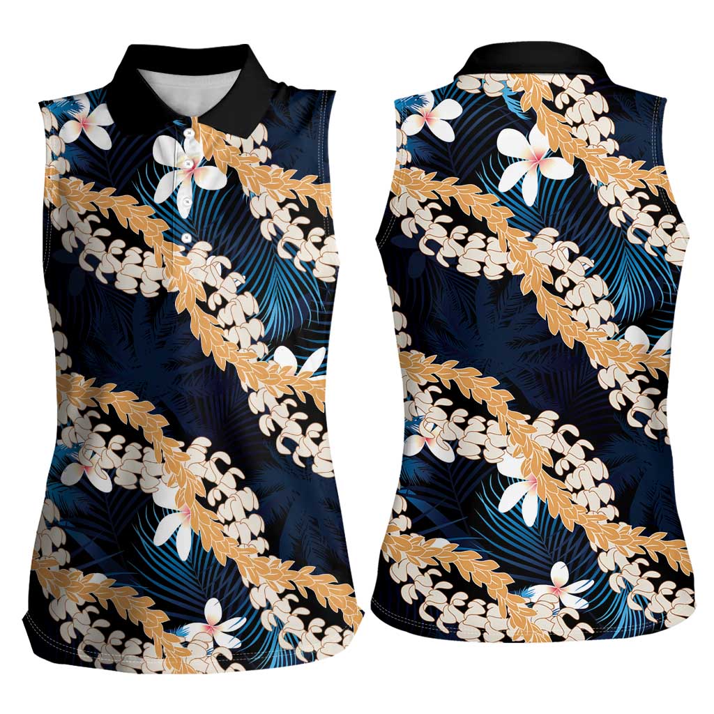 Puakenikeni Maile Lei Women Sleeveless Polo Shirt Frangipani Blue Tropical Leaves LT01 - Polynesian Pride
