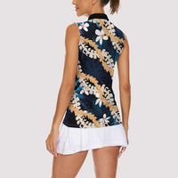 Puakenikeni Maile Lei Women Sleeveless Polo Shirt Frangipani Blue Tropical Leaves LT01 - Polynesian Pride