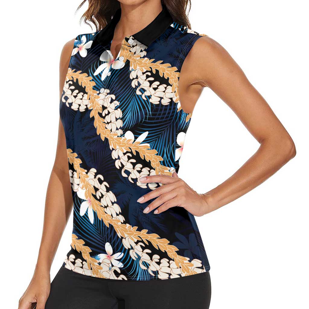 Puakenikeni Maile Lei Women Sleeveless Polo Shirt Frangipani Blue Tropical Leaves LT01 - Polynesian Pride