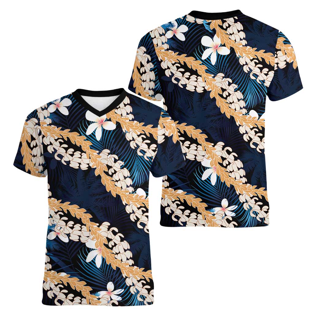 Puakenikeni Maile Lei Women V-Neck T-Shirt Frangipani Blue Tropical Leaves