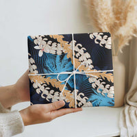 Puakenikeni Maile Lei Wrapping Paper Frangipani Blue Tropical Leaves