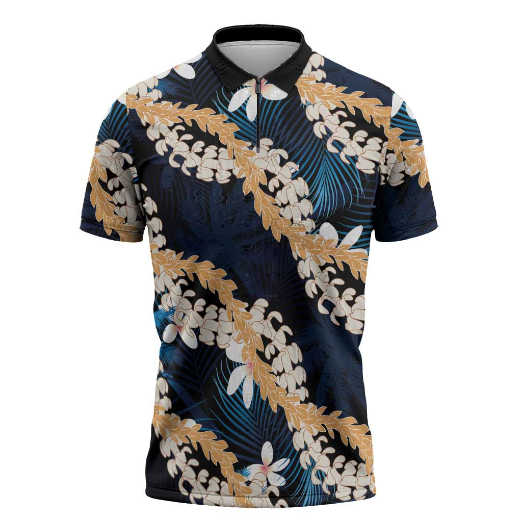 Puakenikeni Maile Lei Zipper Polo Shirt Frangipani Blue Tropical Leaves